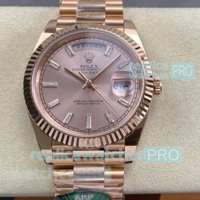 Swiss Copy ARF Rolex Day-Date 40mm Rose Gold with Baguette Diamond Watch 